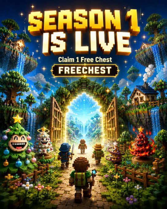 A vibrant pixel-art promotional image for TreeFi Season 1 features blocky characters walking through glowing gates toward a lush forest, with festive trees and waterfalls framing the scene. Bold text reads "SEASON 1 IS LIVE - Claim 1 Free Chest - FREECHEST," directly matching the post's call to action inviting users to use the code "FREECHEST" to start farming in the newly opened forest.