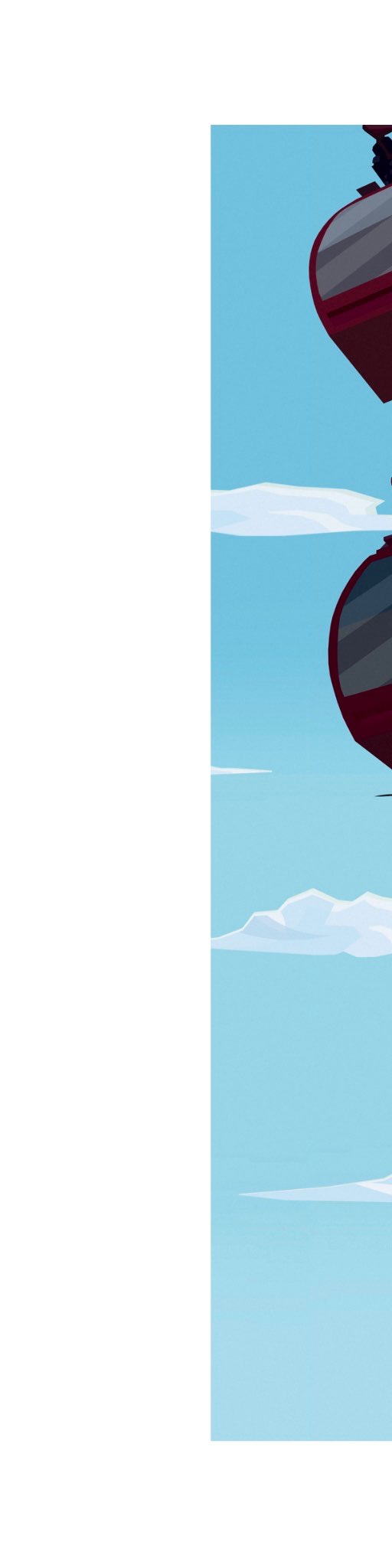 An illustration showing the partial silhouette of a gondola lift cable car against a light blue sky with clouds.