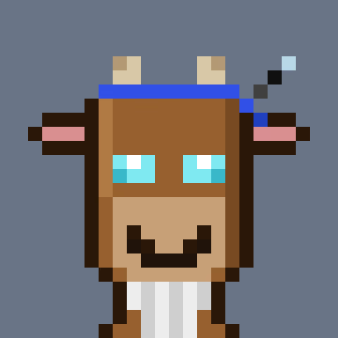 A pixel art portrait of a brown-skinned character with blue eyes, a goatee, pink ears, small horns, and a blue headband, on a blue background.