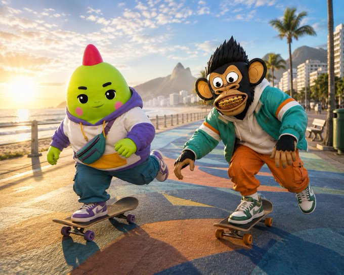 Two cartoon characters—a green blob in a purple hoodie and a monkey in a teal jacket—ride skateboards along a colorful beachside promenade at sunrise, mirroring the post's motivational message about starting each day with focused, high-quality effort and intentional movement rather than empty motion.