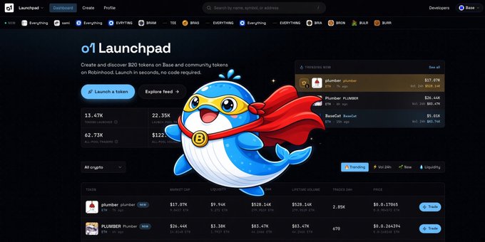 A screenshot of the 'Launchpad' platform dashboard featuring a cartoon whale mascot with a red cape, displaying trending tokens including plumber, PLUMBER, and BaseCat with their market caps and prices.