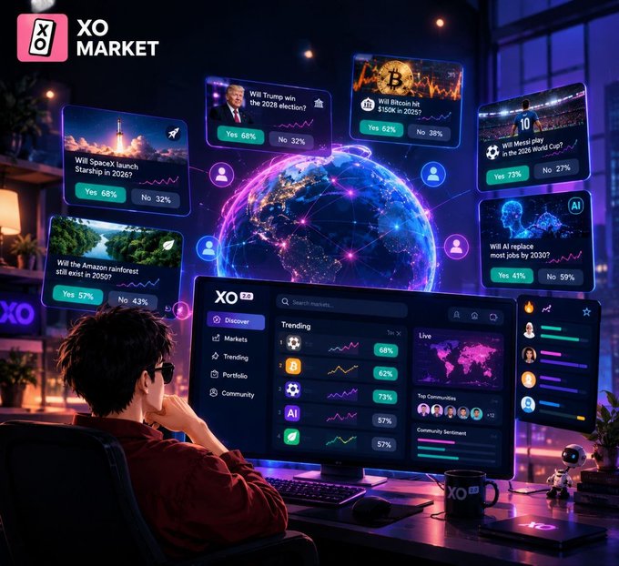 A vibrant digital illustration of a person using the 'XO MARKET' platform, surrounded by floating prediction cards about events like 'Will Trump win the 2028 election?' and 'Will SpaceX launch Starship in 2026?' with percentages for Yes and No.