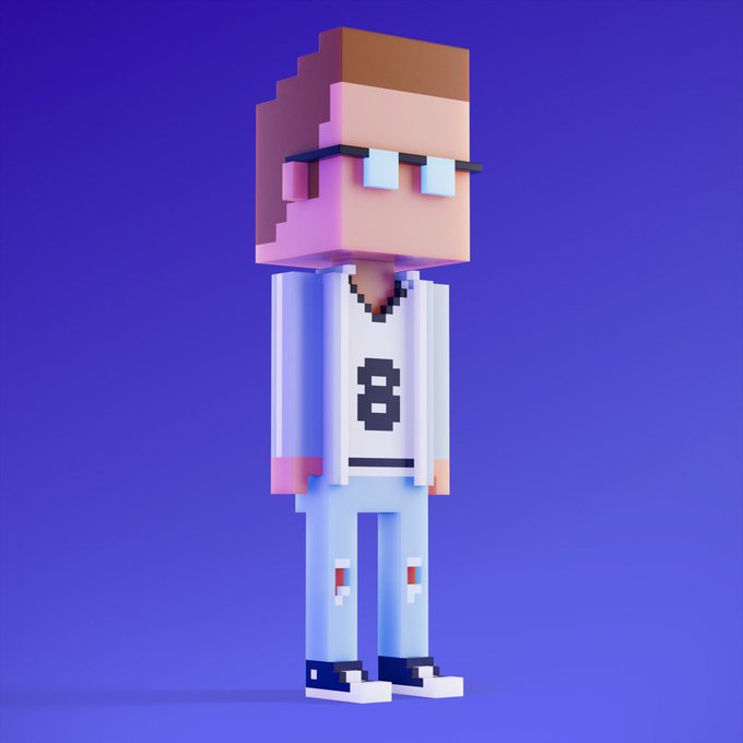 A pixelated 3D avatar with brown hair and rectangular glasses stands against a purple background, wearing a white basketball jersey featuring the number 8—paying tribute to Kobe Bryant, a figure described in the caption as the poster's son's hero.