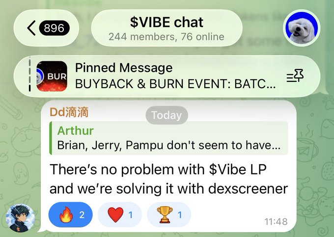 Telegram chat screenshot for "$VIBE chat" (244 members) showing a pinned message about a "BUYBACK & BURN EVENT: BATC..." and a message from Arthur saying "There's no problem with $Vibe LP and we're solving it with dexscreener."