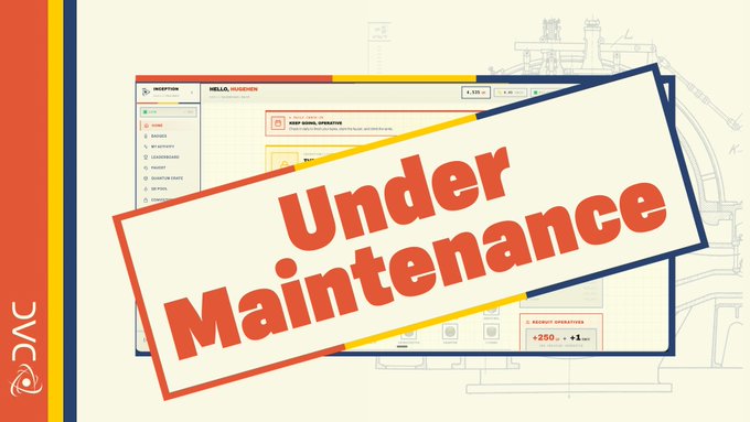 @dac_chain says "Under Maintenance" in orange text above a grey background with blue, red, and yellow stripes. The background of the picture features an illustration of two figures with various shapes and colors below the banner. A statement from DAC is written in the top left corner, which reads "@dac_chain is entering a new phase". Further details about the system are not visible, but there is an implication that the team will work on refining it soon. The image does not provide any additional information or text beyond what's present at the bottom of the picture.