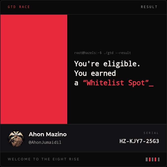 A "GTD RACE" result screen for "THE EIGHT RISE" shows a user named Ahon Mazino (@AhonJumaidil) has earned a "Whitelist Spot" with serial number HZ-KJY7-25G3.