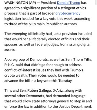 A news clipping featuring a Reuters article titled "Trump Agrees to Tougher Crypto Ethics Rules" with the headline highlighted, discussing amendments to a cryptocurrency bill that would allow state attorneys general to enforce provisions against digital asset issuance by federal officials and judges.