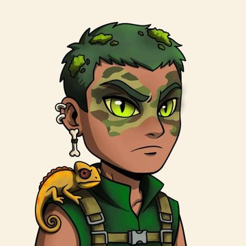 A digital illustration of a green-haired character with camouflage face paint and a small orange chameleon on their shoulder, fitting a giveaway post for @supraevm and @Variant_nft that requires following, liking, retweeting, and commenting with an ETH wallet to enter.