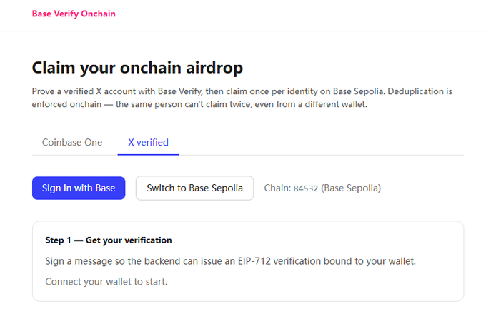 Screenshot of a 'Base Verify Onchain' page titled 'Claim your onchain airdrop' with a 'Sign in with Base' button and instructions to 'Get your verification' by signing a message on Chain 84532 (Base Sepolia).