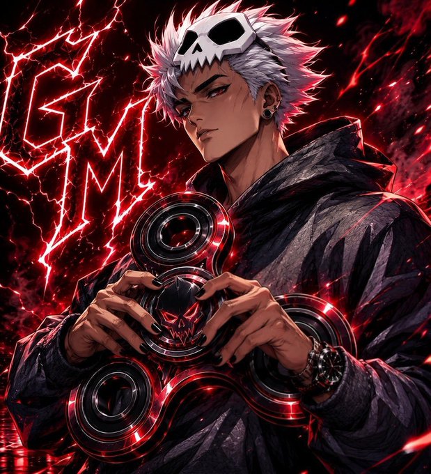 A dark anime-style illustration of a white-haired character wearing a skull mask and black robe, holding a fidget spinner with red glowing energy against a lightning-filled background.