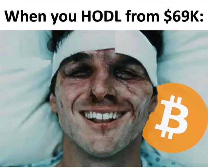 The image is a meme with a man wearing a bandage over his forehead, which says "When you HODL from $68K!" Below him, there is a large orange Bitcoin symbol that matches the word "HODL". It appears that someone has made this meme to highlight how much money one could potentially make through Bitcoin trading. The image and accompanying text seem to be related as they both focus on currency or wealth.