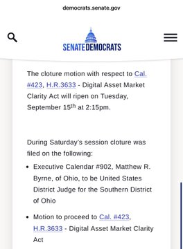 A screenshot from democrats.senate.gov announces a closure motion for Cal. #423, H.R.3633 - Digital Asset Market Clarity Act, scheduled to ripen on Tuesday, September 15th at 2:15pm.