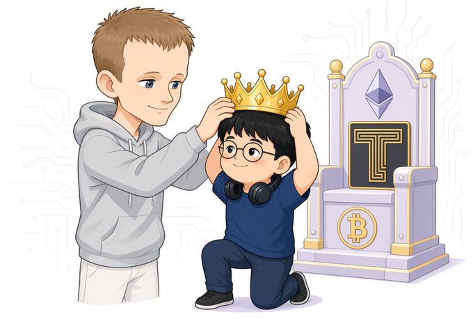 An illustration of a blond boy placing a gold crown on a kneeling boy with glasses, next to a throne bearing the Ethereum logo and a Bitcoin symbol.