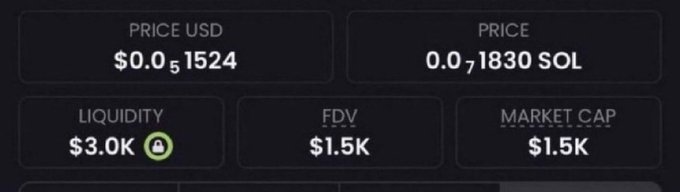A cryptocurrency tracking dashboard displays a token with a PRICE USD of $0.051524 (0.0171830 SOL), LIQUIDITY of $3.0K, FDV of $1.5K, and MARKET CAP of $1.5K.