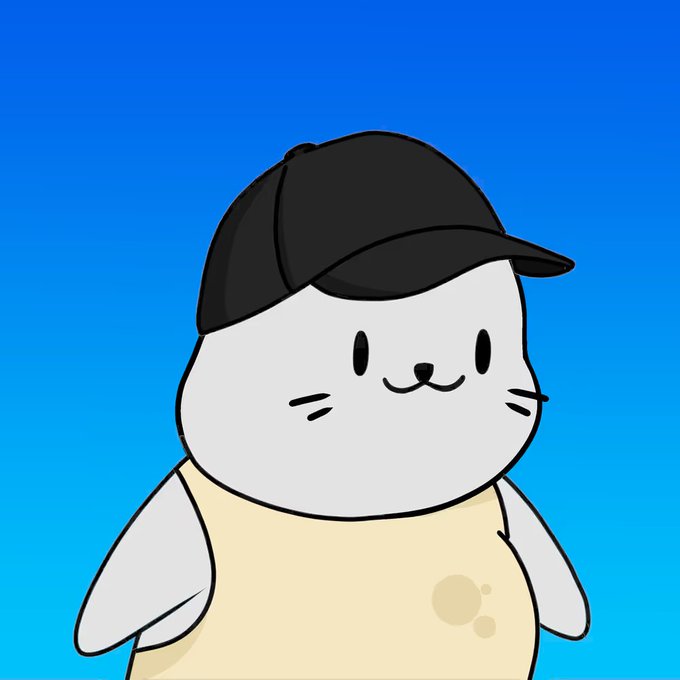 A cute cartoon illustration of a white seal-like character wearing a black cap and a tan shirt with a stain, set against a blue gradient background.