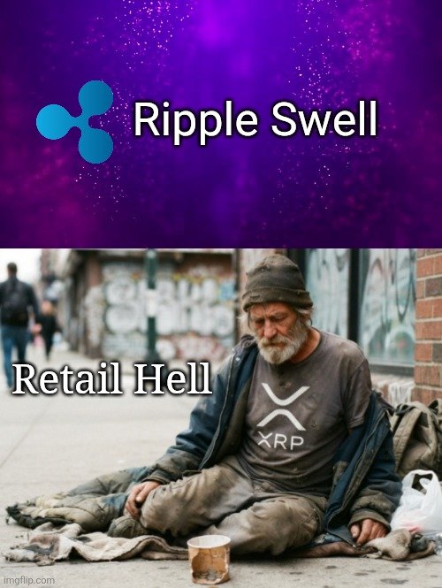 A meme image with 'Ripple Swell' logo at the top and a photo of a homeless man wearing an XRP-branded shirt, captioned 'Retail Hell,' from imgflip.com.