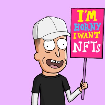 A cartoon character resembling Morty from Rick and Morty holds a pink sign reading "I'M HORNY I WANT NFTs" with a wide-eyed, grinning expression. The image humorously satirizes the over-eager enthusiasm of NFT collectors, tying into the post's promotion of the "GodHatesNFTees" NFT project.