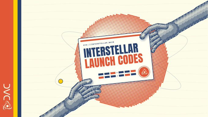 The image is a stylized graphic featuring two halftone-patterned hands exchanging a card labeled "INTERSTELLAR LAUNCH CODES," set against a circular orange background with a planet and orbital rings, visually representing the share-and-reward referral concept from the post. The design includes the URL "interstellar.dachain.io" and a small "dvc" logo in the corner.