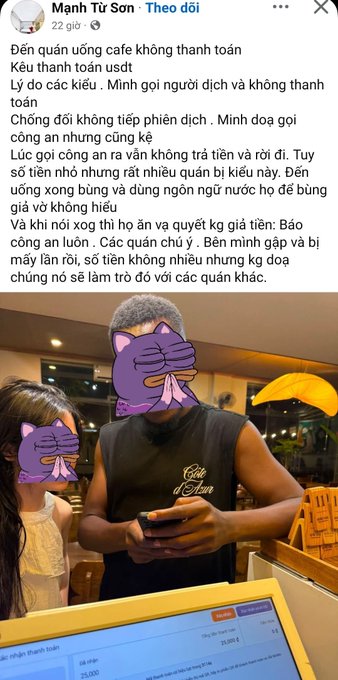 A Vietnamese Facebook post by 'Mạnh Tử Sơn' recounting a story about a cafe not accepting USDT payment, accompanied by a photo of a young man and woman looking at a phone, both faces covered by cartoon cat stickers.