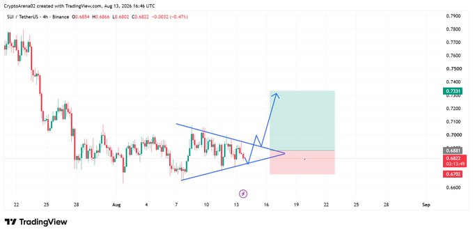 A TradingView candlestick chart for SUI/USDT created by CryptoArena02 on Binance, dated August 13, 2026, showing a bullish pennant pattern with projected targets.