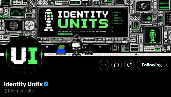 A Twitter/X profile banner for 'Identity Units' (@IdentityUnits, verified) featuring pixel art design with green and white graphics in a retro computer/space station aesthetic.