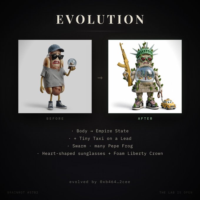 An 'EVOLUTION' before-and-after graphic shows a hotdog character transforming into an elaborate figure featuring the Empire State Building, Liberty Crown, tiny taxi, and Pepe frogs, credited to 'evolved by 0xb464...2cee' as Brainrot #5782.