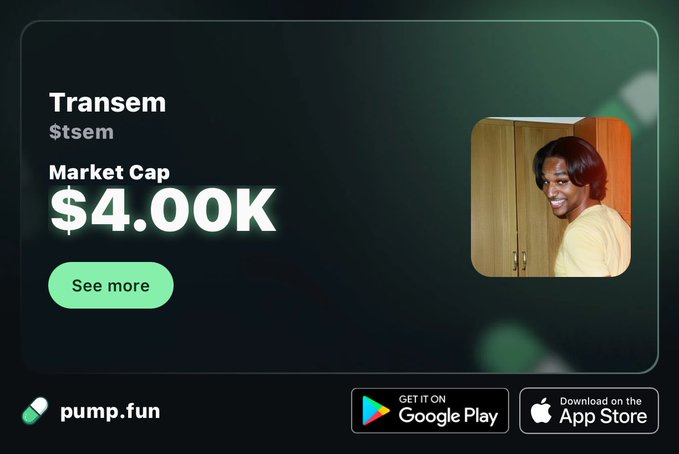 A promotional card from pump.fun advertises the "$tsem" token with a market cap of $4.00K, featuring a meme-style photo of a smiling young man looking over his shoulder, aligning with the post's bear market survival and "transition" theme.