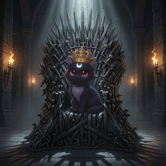 A small black kitten wearing a jeweled crown sits atop a throne made of swords, reminiscent of the Iron Throne from Game of Thrones, lit by torches in a dark hall.