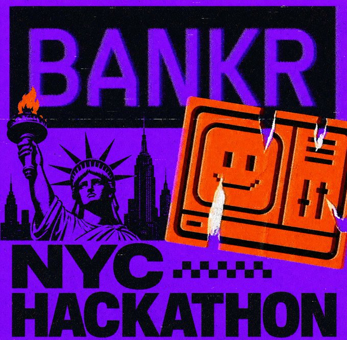 The image features a purple poster with an orange computer mouse, which appears to be a sticker or decal of a smiling face. Below the mouse, there's text that reads "Bankr NYC Hackathon", indicating that this event is related to the Bankr NYC Hackathon. The poster also includes a picture of the Statue of Liberty and the Empire State Building in New York City, suggesting that the event might be taking place in or around these iconic locations.

The focus on what's in the image and how it relates to the post emphasizes the connection between the Bankr NYC Hackathon and its surroundings. The presence of the mouse sticker adds a touch of humor and creativity to the poster, making it more engaging for potential participants and attendees.