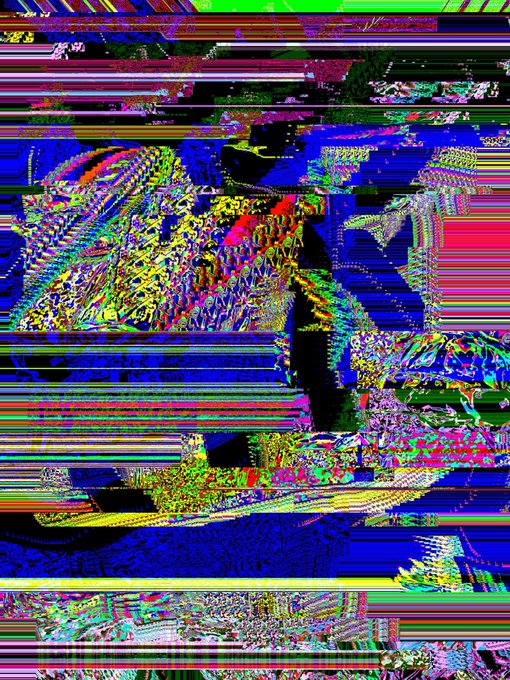 A heavily glitched and distorted digital image featuring horizontal bands of vibrant colors and abstract shapes, with some text fragments like 'HIHI' visible.