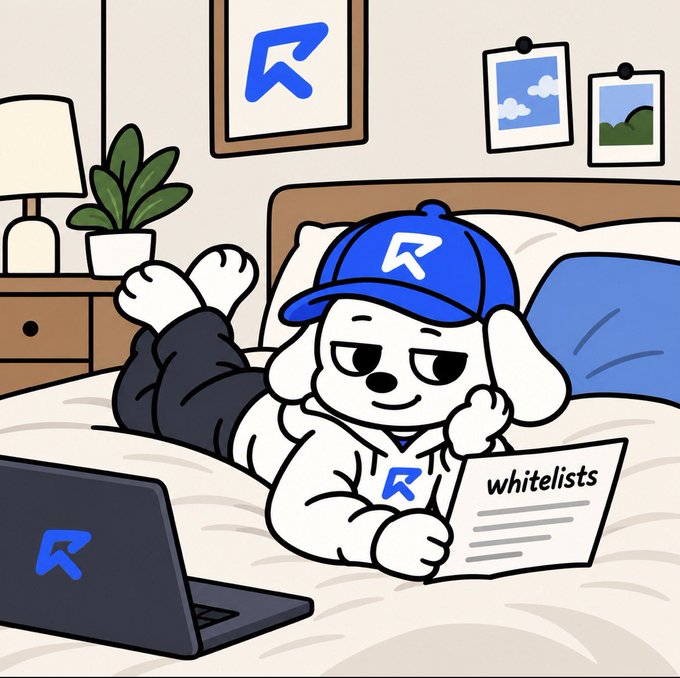An illustration of a white dog mascot wearing a blue cap with the 'R' logo, lying on a bed while reading a paper labeled 'whitelists', with a laptop displaying the same 'R' logo nearby.