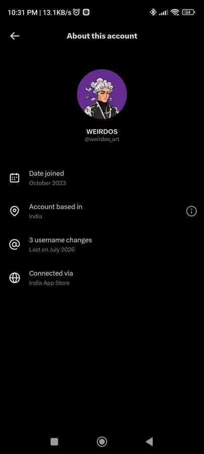 An 'About this account' screen on a social media app for user 'WEIRDOS' (@weirdos.art), joined October 2023, based in India, with 3 username changes (last in July 2026), connected via the India App Store.