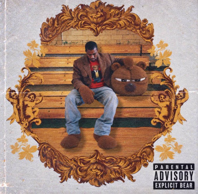 The album cover for Kanye West's 'The College Dropout,' featuring a teddy bear sitting on bleachers within an ornate frame, bearing a 'PARENTAL ADVISORY EXPLICIT BEAR' warning.