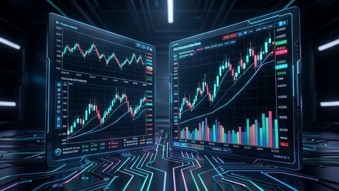 A futuristic dual-monitor display showing cryptocurrency candlestick charts and trading volume data with glowing neon blue and green accents.