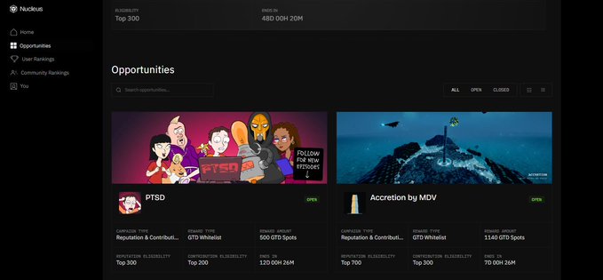Screenshot of a Naddius Opportunities page showing two crypto projects: 'PTSD' (GTO Whitelist, 500 GTO Spots, Top 300) and 'Accretion by MOV' (GTO Whitelist, 1140 GTO Spots, Top 300).