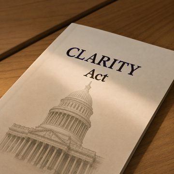 The image displays a document titled "CLARITY Act" featuring an illustration of the U.S. Capitol building, visually representing the cryptocurrency market structure legislation discussed in the accompanying post. The Capitol imagery reinforces the post's focus on the legislative prospects of the CLARITY Act, which Galaxy Research suggests has declining chances of passage in 2026 amid ongoing regulatory uncertainty.