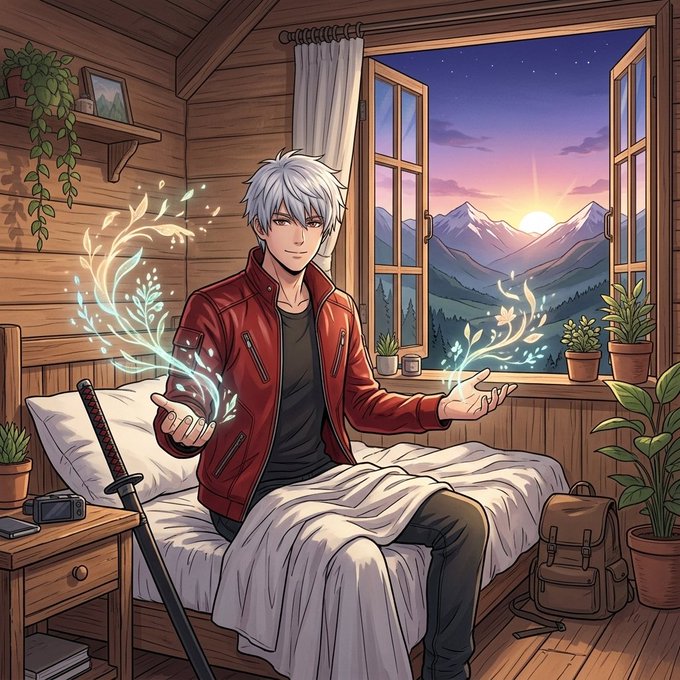 An anime-style illustration of a white-haired young man in a red jacket sitting on a bed in a wooden cabin, conjuring glowing magic from his hands with a sunset mountain view through the window.