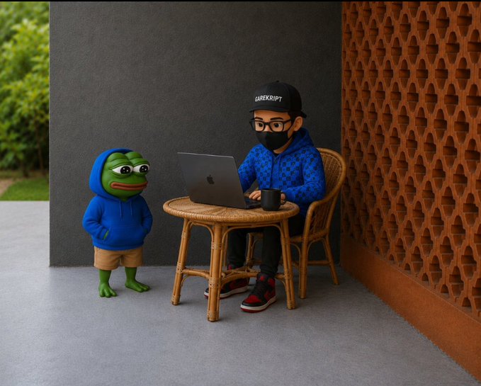 A small 3D-rendered scene showing a person in a blue hoodie and 'Gamerscript' cap working on a laptop at a wicker table, accompanied by a small green Pepe the Frog character in a blue hoodie.
