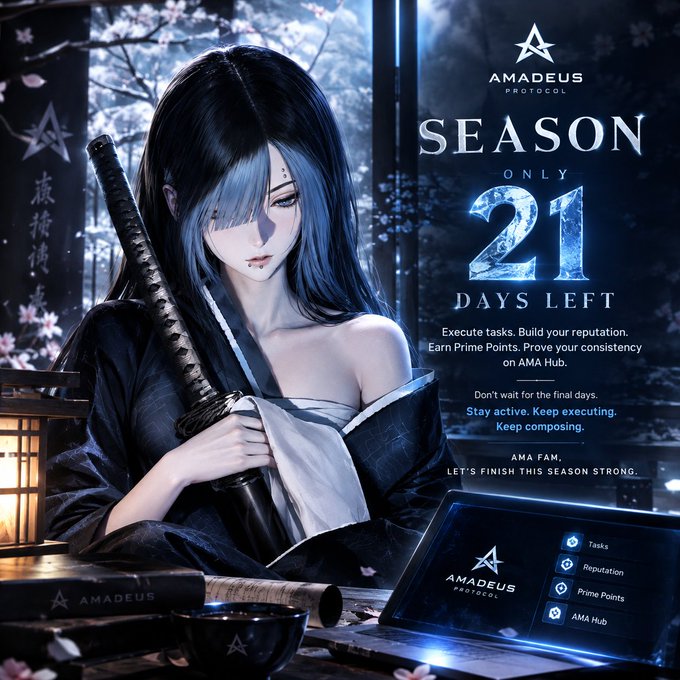 A promotional poster for 'Amadeus Protocol' featuring an anime-style samurai figure with a katana, displaying 'Season Only 21 Days Left' with instructions to execute tasks and earn Prime Points on the AMA Hub.