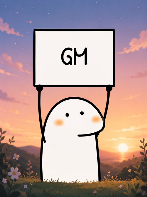An adorable cartoon ghost character holding up a 'GM' (Good Morning) sign against a beautiful sunset sky with pink clouds and flowers.