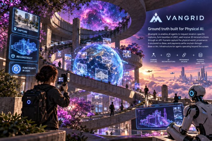 Futuristic sci-fi illustration for 'VANGRID' described as 'Ground truth built for Physical AI,' depicting a person capturing holographic urban environments with a smartphone alongside a humanoid robot.
