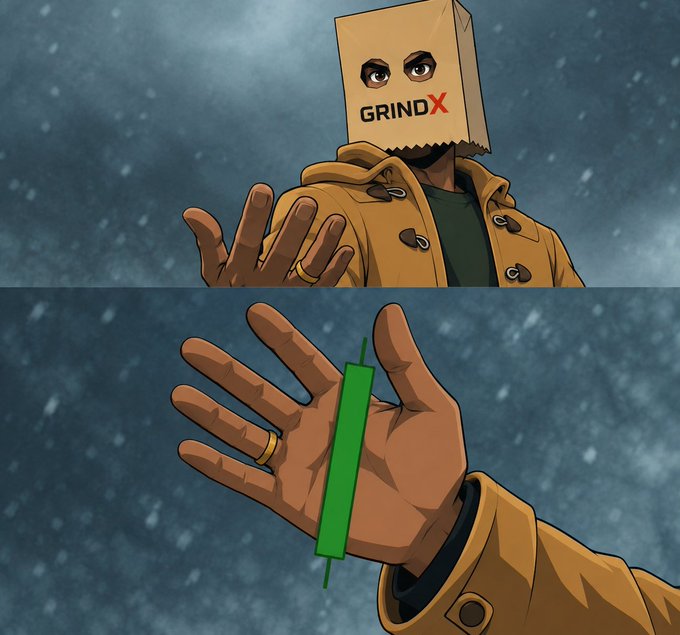 A comic-style illustration of a character with a paper bag over their head labeled 'GRINDX', reaching out a hand in the top panel, and a close-up of the hand with a green bracelet in the bottom panel.