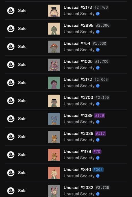 A dark-themed digital marketplace feed showing multiple 'Sale' entries for 'Unusual' NFT collectibles, each displaying an avatar image, a token number, and a price point ranging from #2,706 down to #2,735.