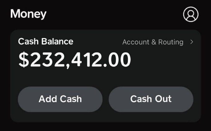 A mobile banking "Money" screen displays a Cash Balance of $232,412.00 with options to Add Cash, Cash Out, and view Account & Routing. The sizable balance shown contrasts with the post's request for small payments between $20-$4,600, suggesting the account holder is offering to fulfill these requests from their substantial funds.