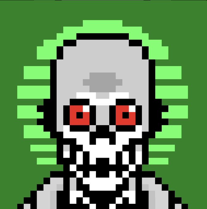 A pixel art image of a skeletal character with red eyes and spiky green hair against a green background.