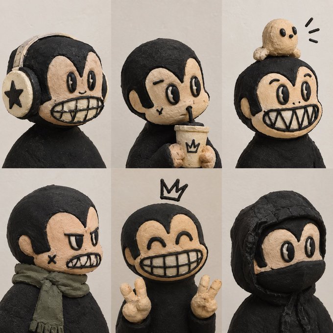 A collage of six handcrafted clay figurines features a cartoonish black-haired character displaying various exaggerated expressions—grinning with headphones, sipping a drink, wearing a scarf, flashing peace signs, and dressed as a ninja.