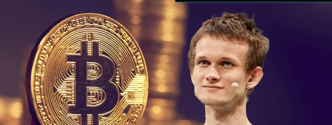 Vitalik Buterin pictured next to a large golden Bitcoin coin with stacks of Bitcoin in the background.