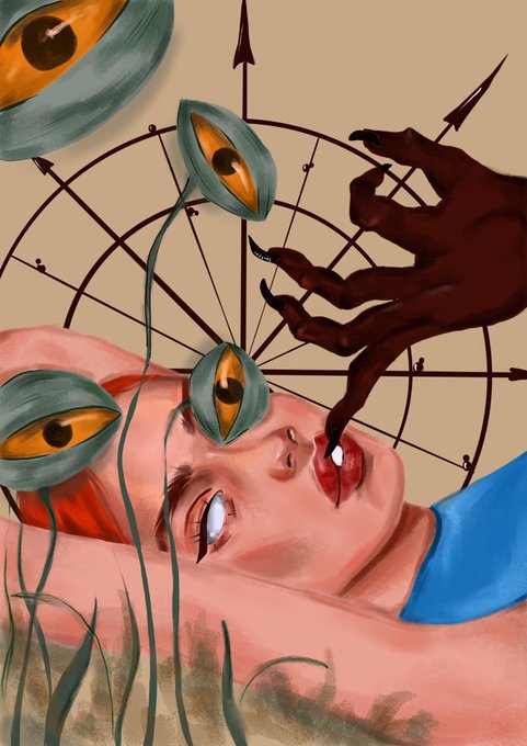 A surreal painting of a woman with orange hair lying down, surrounded by floating eyeballs and a dark hand with long nails.