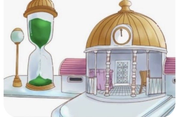 The image features a cartoon scene of a clock tower with a dome, surrounded by buildings including a house and a gazebo. The clock face is visible at the top of the tower. In front of the clock tower, there's an hourglass filled with green sand that appears to be melting or dripping down. The post reads "【朗報】 STEPN界隈に「精神と時の部屋」のようなゲーム現る". This text is located at the bottom of the image, and it seems to be a part of an explanation or description about the scene.