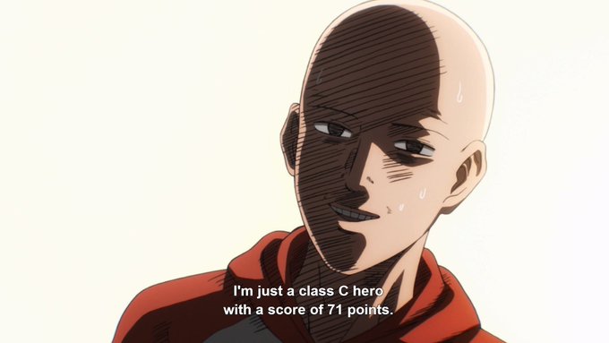 A bald anime character smiles nervously while sweating, with subtitles reading "I'm just a class C hero with a score of 71 points." The image humorously parallels the post's sentiment, suggesting the Kaspa ($KAS) ecosystem is an underdog "class C hero" with limited projects like MyKAI, KasLens, and KasShi, lacking standout AI development like vibe-coding agents.